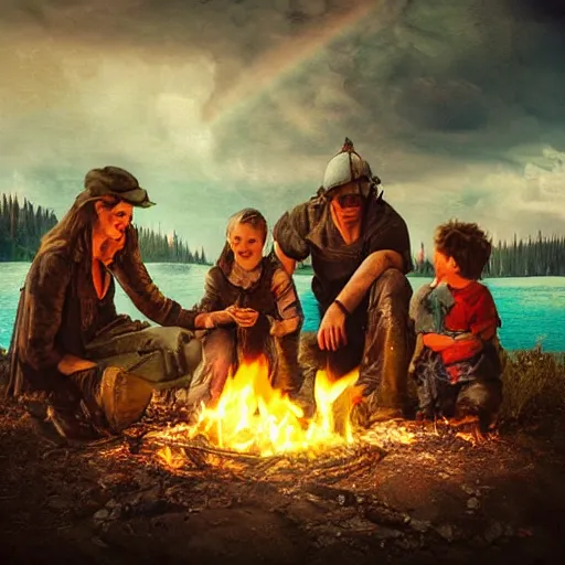 Prompt: realistic landscape of a post apocalyptic family, huddled around a small fire next to a lake, rule of thurds