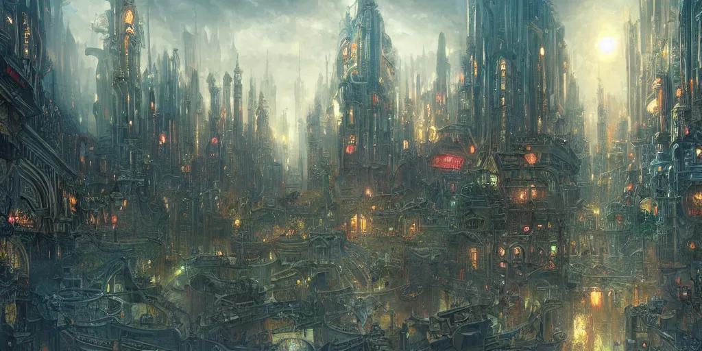 Prompt: breathtaking detailed concept art painting of fantasy city, ornate background, by james gurney, extremely moody lighting, 8 k