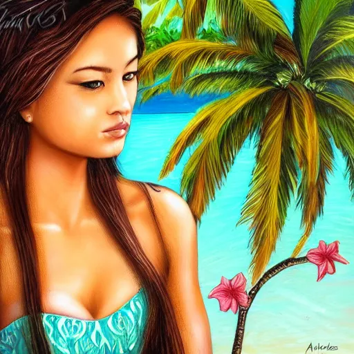 Prompt: portrait of a beautiful hawaiian girl, palm trees, flowers by anne stokes