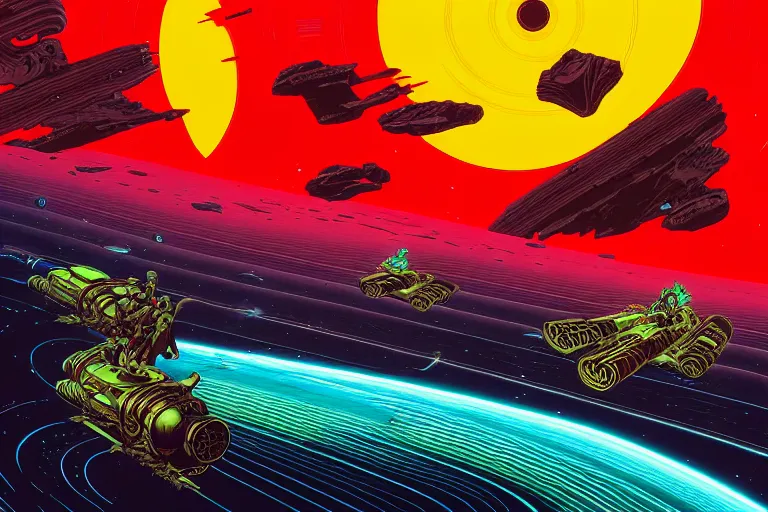 Image similar to artwork by kilian eng and ( dan mumford ) and toshi yoshida and franklin booth showing a speederbike race on the rings of saturn, vintage scifi, high details, dramatic lightning,, 8 k