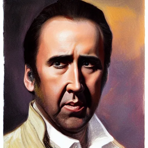 Image similar to Nicolas Cage as an Android, oil on canvas, golden hour, in the world of Andrew Wyeth, artstation, by J. C. Leyendecker and Peter Paul Rubens,