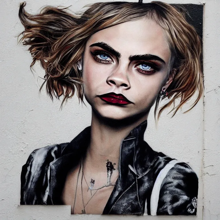 Image similar to Street-art portrait of Cara Delevingne in style of Banksy, photorealism