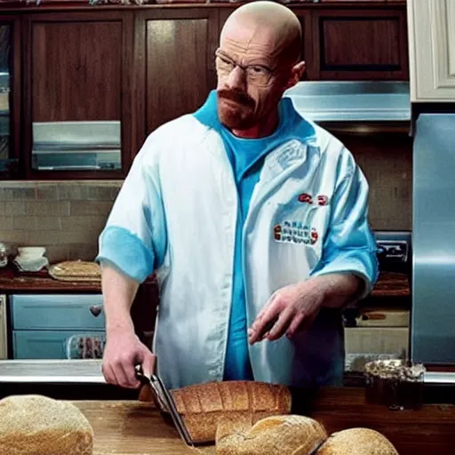 Prompt: walter white bakes bread, bakes bread