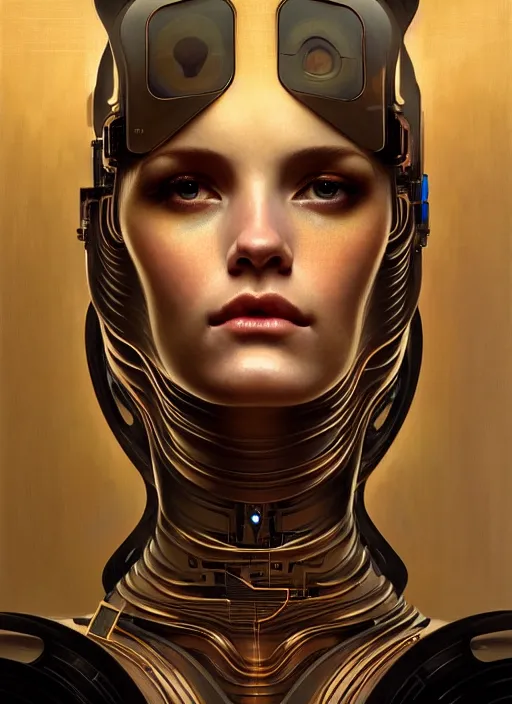 Image similar to portrait of a beautiful female android, coy, circuitry visible in head, in the style of ex machina, karol bak, alphonse mucha, greg rutkowski, award winning, hr giger, artstation, 8 k