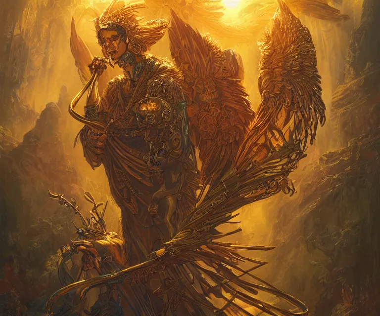 Image similar to a beautiful tarot card artwork of a cyberpunk seraphim in nature, backlit, highly detailed, golden hour, digital painting, by ina wong and justin gerard and dan mumford and artgerm, vivid colors, masterpiece, detailed shading, 8 k resolution, intricate, smooth