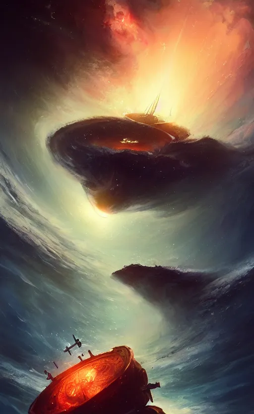 Prompt: a beautiful illustration of a black hole devouring a pirate ship in a galactic nebula, art of greg rutkowski and magali villeneuve and artgerm, featured on artstation, vertical orientation, paint brush strokes