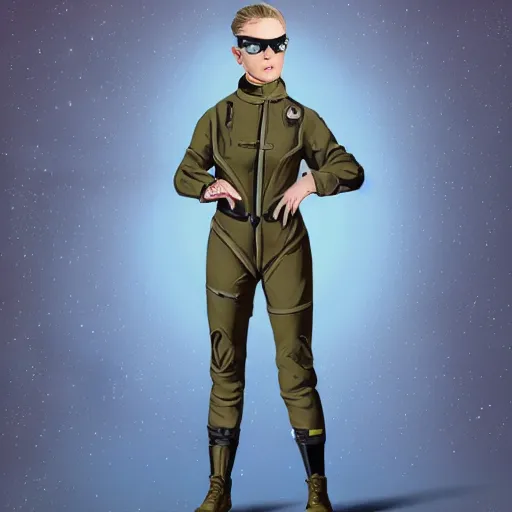 Prompt: character concept art of heroic square - jawed emotionless serious blonde butch woman mechanic, with dark brass victorian goggles, handsome, very short butch slicked - back hair, wearing flight suit, looking distracted, awkward, standing in front of small spacecraft, vintage sci fi, illustration, science fiction, retrofuture, highly detailed, colorful, graphic