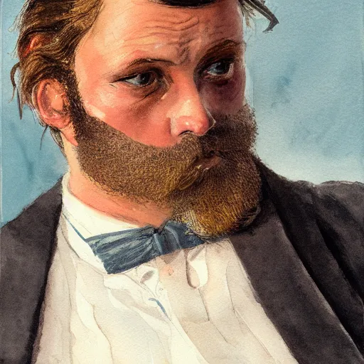 Prompt: Portrait of a handsome man with mutton chops. wearing a suit. colorful necktie, pale white face, long messy hair, ((red)) baggy eyes, tired face, watercolor, brushstrokes, high detail, artstation, background yellow and blue, medium detail, by Ilya Repin