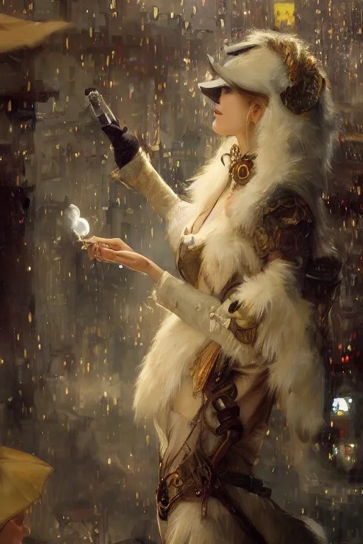 Image similar to beautiful portrait of an attractive white female anthro wolf smoking a cigarette in a bustling crowd of a rainy city street, steampunk, female fursona, 4 k, trending on artstation, by gaston bussiere, craig mullins, artgerm, greg rutkowski, alphonse mucha