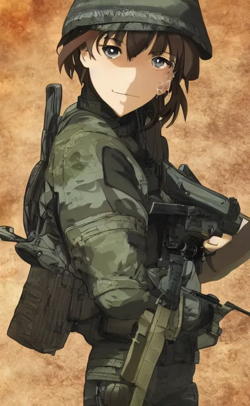 Image similar to girl, trading card front, future soldier clothing, future combat gear, realistic anatomy, war photo, professional, by ufotable anime studio, green screen, volumetric lights, stunning, military camp in the background, metal hard surfaces, generate realistic face, only blue sky in the back