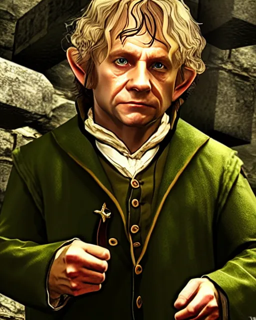 Image similar to Bilbo Baggins from Lord of the rings in GTA V loading screen, GTA V Cover art by Stephen Bliss, boxart, loading screen,