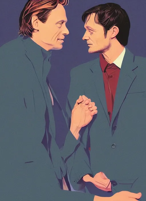 Image similar to Twin Peaks portrait of Mads Mikkelsen and Hugh Dancy holding hands romantically as they chaperone school dance by Michael Whelan, Bob Larkin and Tomer Hanuka, simple illustration, domestic, nostalgic, clean, Matte painting, trending on artstation and unreal engine, New Yorker magazine cover, 1980s romance book cover