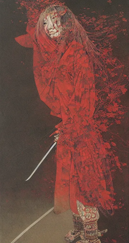 Image similar to Japanese schoolgirl runs away from Samurai with a katana on the subway, high detailed Beksinski painting, part by Adrian Ghenie and Gerhard Richter. art by Takato Yamamoto. masterpiece, deep colours, red