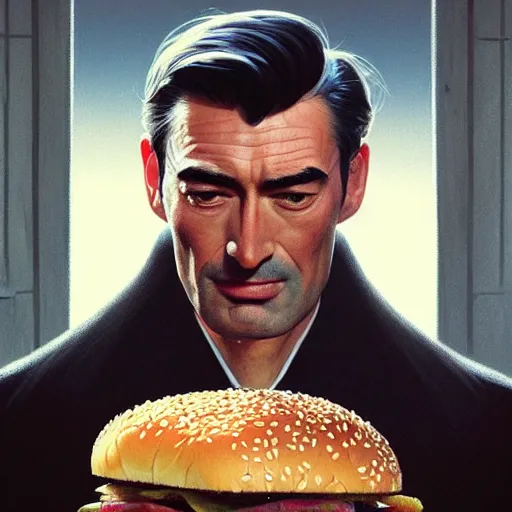 Prompt: portrait of Gregory Peck eating hamburgers, extra onions and ketchup, luscious patty with sesame seeds, feminine ethereal, handsome, D&D, fantasy, intricate, elegant, highly detailed, digital painting, artstation, concept art, matte, sharp focus, illustration, art by Artgerm and Greg Rutkowski and Alphonse Mucha