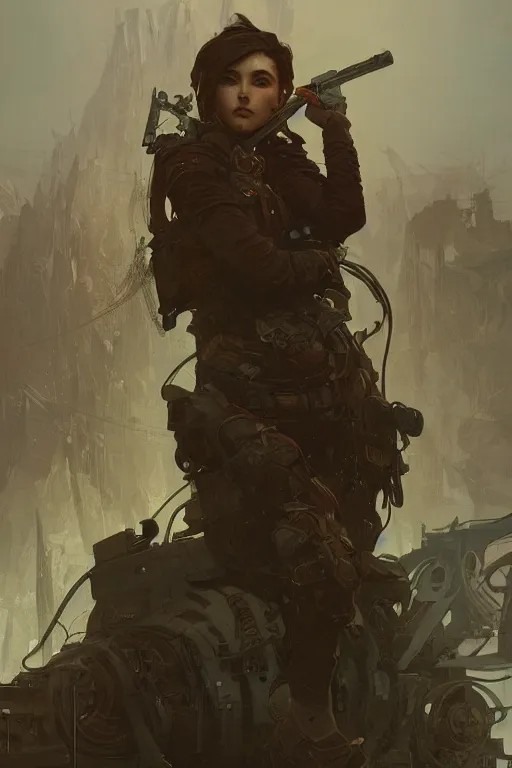 Image similar to A full portrait of a beautiful post apocalyptic Cyrillic explorer, intricate, elegant, highly detailed, digital painting, artstation, concept art, smooth, sharp focus, illustration, art by Krenz Cushart and Artem Demura and alphonse mucha