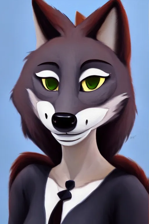 Image similar to oil painting of anthromorphic female wolf, in style of zootopia, female fursona, furry, furaffinity, 4 k, deviantart, furry art, fursona art, wearing black business suit, business suit, wolf fursona, female, very expressive detailed feminine face,