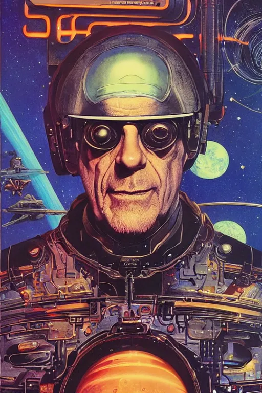 Image similar to Christopher Lloyd is a space pirate, science fiction, retro cover, high details, intricate details, by vincent di fate, artgerm julie bell beeple, 60s, inking, vintage 60s print, screen print