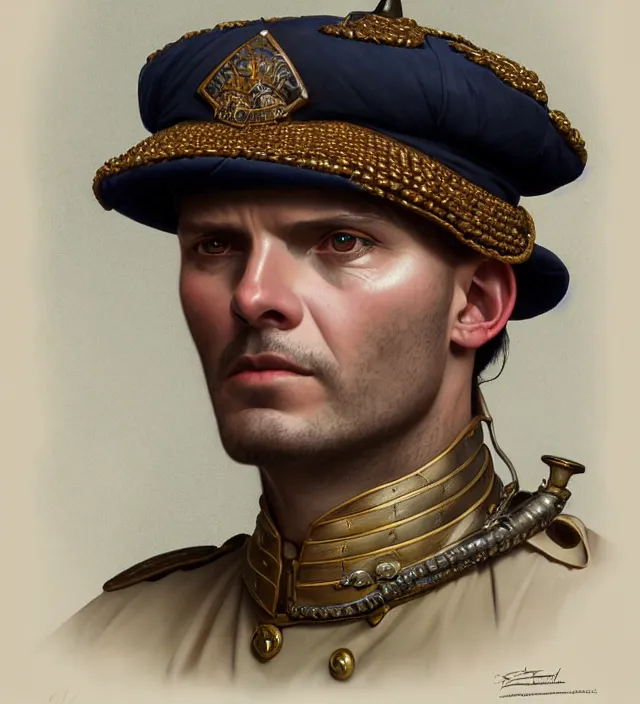 Prompt: portrait of a man wearing a traditional nineteenth century french foreign legion uniform, kepi hat, metal shoulder pauldrons, intricate, highly detailed, digital painting, artstation, concept art, sharp focus, cinematic lighting, illustration, art by artgerm and greg rutkowski, alphonse mucha, cgsociety