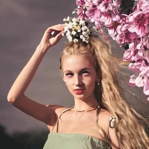 Image similar to vintage photograph of an olive skinned blonde female model in her twenties, her hair pinned up with flowers, wearing a designer top, looking content, focused on her neck, photo realistic, extreme detail skin, natural beauty, no filter, slr, golden hour, 8 k, high definition, selfie