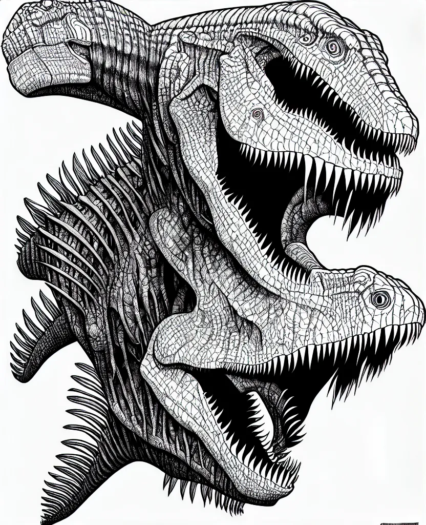 Image similar to tyrannosaurus rex, symmetrical, accurate, simple clean lines, black and white, coloring book, comic book, graphic art, line art, vector art, by martina matteucci, pavel shvedov, peter lundqvist, diane ramic, christina kritkou, artstation