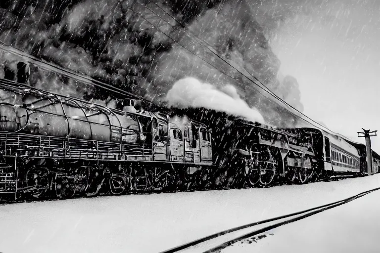 Image similar to an old locomotive is rushing through the snow storm in high speed, white steam on the side, and dark smoke with fire from the pipes, dynamic angled shot, speed lines, fire particles and snowflakes everywhere, 8k, hyperrealistic, ultra sharp, octane render, unreal engine, light breaks through the roofs, artstation, very detailed, 16k, cinematic scenery,