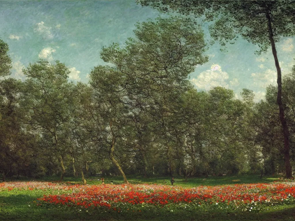 Image similar to a park with many beautiful flowers, by caspar david friedrich, by claude monet, canvas, paint, oil paint, tempera paint, dripping paint, splatter paint, macro, dof, insanely detailed and intricate, hypermaximalist, elegant, ornate, hyper realistic, super detailed