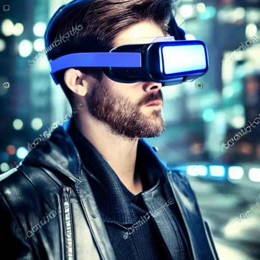 Image similar to portrait handsome fantastic cyberpunk style man wearing virtual reality goggles