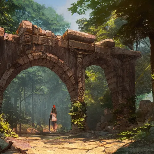 Image similar to concept art painting of an ornate ancient stone archway, in the woods, realistic, detailed, cel shaded, in the style of makoto shinkai and greg rutkowski and james gurney