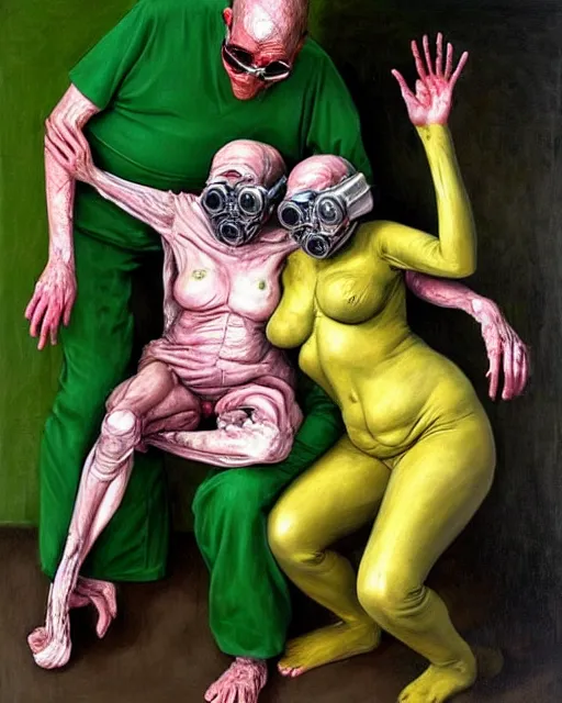 Prompt: two skinny old people with extra limbs, wearing gas masks, bodies wrapped in robes of gold, green and pink, during a biohazard apocalypse, cinematic, dystopian, eerie, horror, gothic, highly detailed painting by Jenny Saville, Esao Andrews, Francis Bacon, !!!Edward Hopper!!! surrealism, art by Takato Yamamoto and !!!James Jean!!!