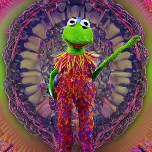 Prompt: a stunning rendition of full-body thin skinny Sesame Street Kermit the Frog sculpture made of fractal gems, fractal crystals, very intricate, hyper realistic, octane render, very colorful, vibrant, cinematic, amazing details, by james jean, by alphonse mucha, by ross tran