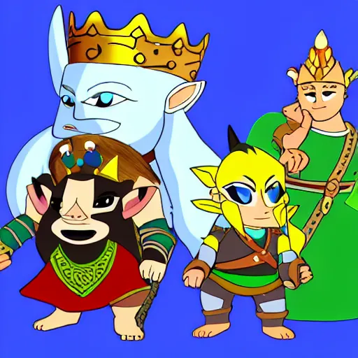 Prompt: king harkinian and morshu and gwonam and link from ytp