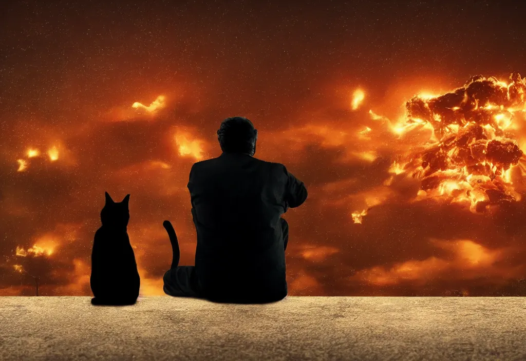 Image similar to old man sitting with black cat watching nuke explosion close up shot from behind, cinematic movie close up shot from behind, background blur bokeh, world ending nuke, 4 k