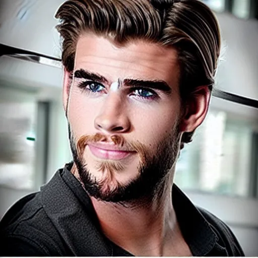 Image similar to “a realistic detailed photo of a guy who is an attractive humanoid who is half robot and half humanoid, who is a male android, Liam Hemsworth, shiny skin, posing like a statue, blank stare”