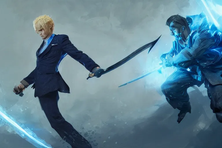 Image similar to a blond man in a blue suit swinging a sword against a fighter with a rune blade and no armor, d & d, heartstone, digital painting, volumetric light, intricate, sharp, focus, bloom, illustration, highly detailed, concept art, matte, ruan jia, randy vargas, greg rutkowski