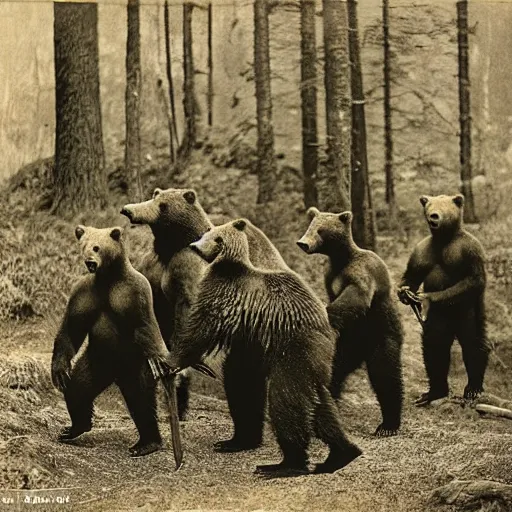 Image similar to “ a group of grizzly bears wearing full samurai armour in the forest, 1 9 0 0 ’ s photo ”