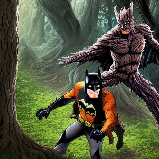 Image similar to batman meets groot in the woods digital art 4 k detailed super realistic