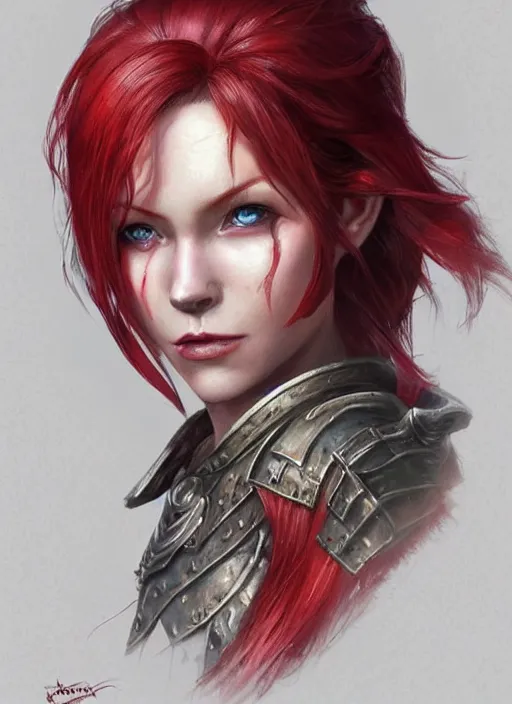 Image similar to red hair female, ultra detailed fantasy, dndbeyond, bright, colourful, realistic, dnd character portrait, full body, pathfinder, pinterest, art by ralph horsley, dnd, rpg, lotr game design fanart by concept art, behance hd, artstation, deviantart, hdr render in unreal engine 5