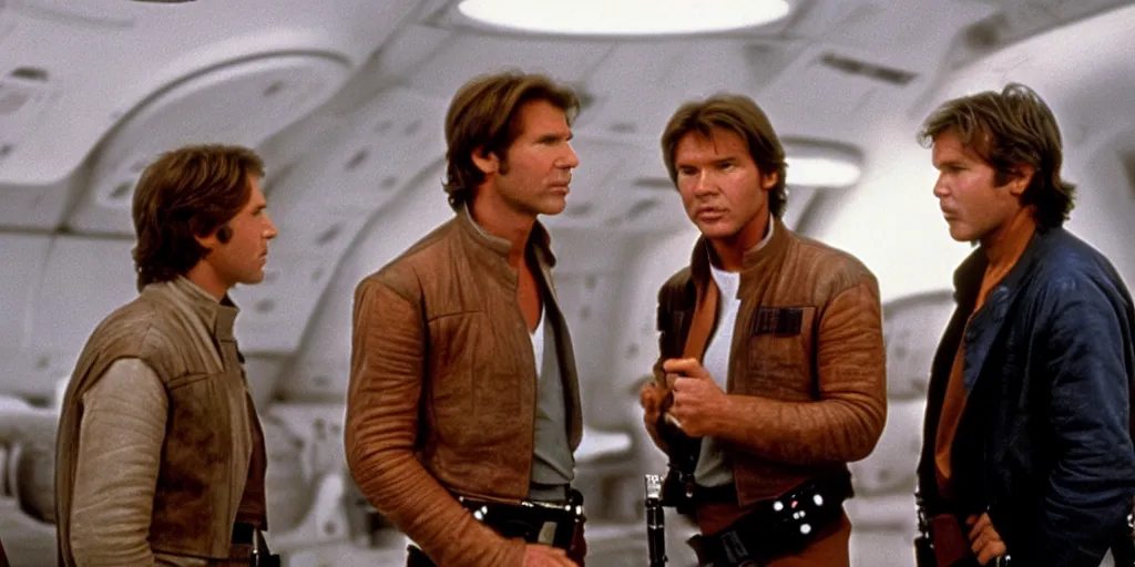 Image similar to A full color still of Harrison Ford as Han Solo talking to Mark Hamill as Jedi Master Luke Skywalker in a Star Wars Sequel, 1990, Directed by Steven Spielberg, 35mm