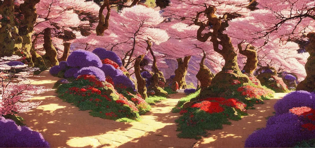 Image similar to ghibli illustrated background of a trail leading through a strikingly beautiful landform with strange rock formations and red water, purple flowers and cherry blossoms by vasily polenov, eugene von guerard, ivan shishkin, albert edelfelt, john singer sargent, albert bierstadt 4 k