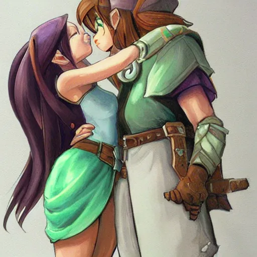 Image similar to female link and malon kissing, concept art, highly detailed