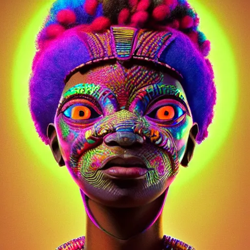 Prompt: highly detailed portrait of an african egyptian goddess with a colorful afro, intricate alien technolog, bright colors, synthwave, watercolor, volumetric wool felting, felt, macro photography, children illustration, global illumination, radiant light, detailed and intricate environment, by goro fujita