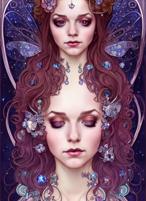 Image similar to fantastic portrait of a beautiftul witch with some shinny star, royally decorated crystal gemstones, symmetrical face, art nouveau, portrait, cute, fairy, by artgerm, kelly mckernan, charlie bowater, alphonse mucha, detailed background, artstation, intricate, elegant, highly detailed