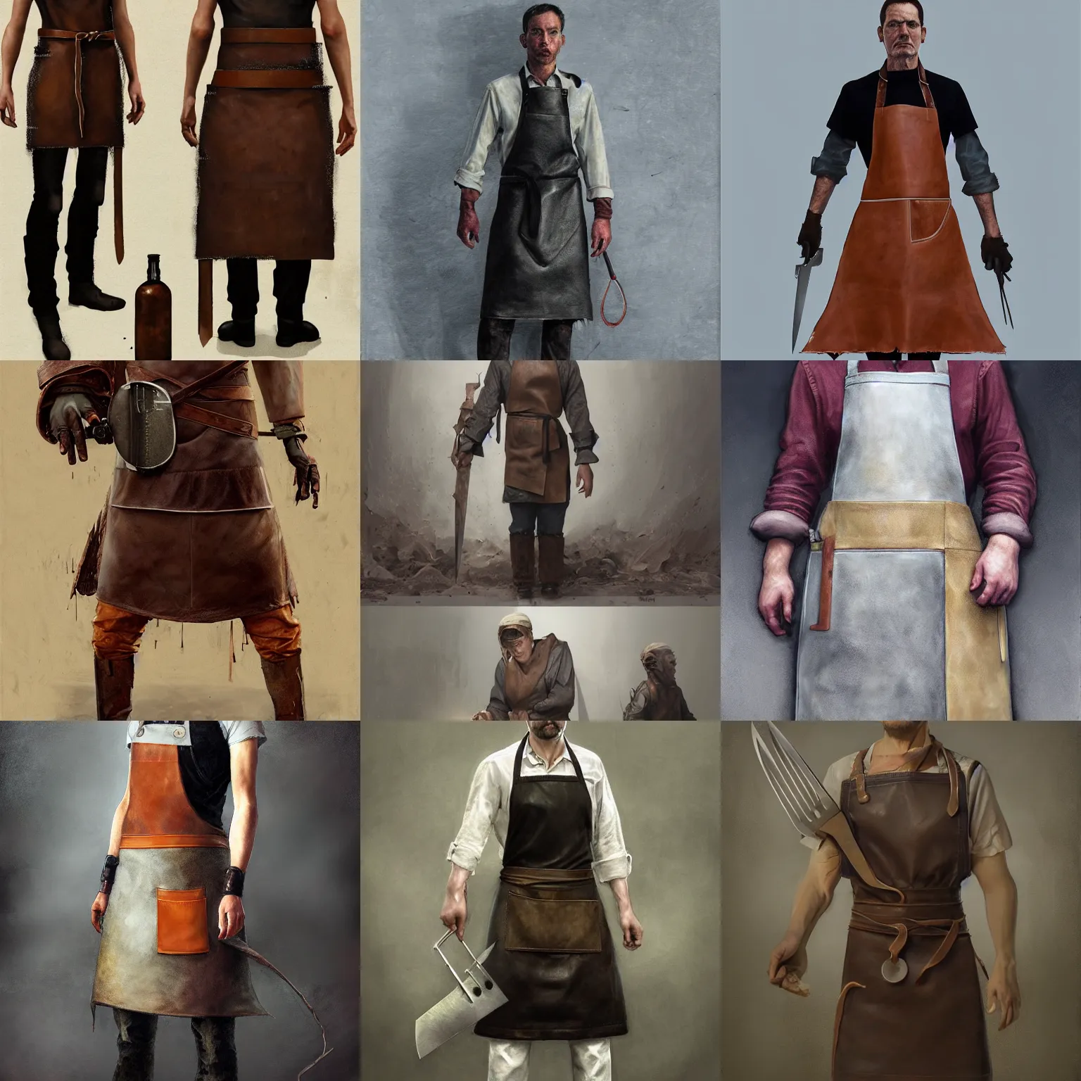 Prompt: cook's complex multilayer leather apron with large pocket, knives, bottles, rivets, torn edges, half - life style, highly detailed, digital painting, artstation, concept art, smooth, sharp focus, illustration, artstation, art by giger and greg rutkowski and hikari shimoda and edmund blair leighton and charlie bowater