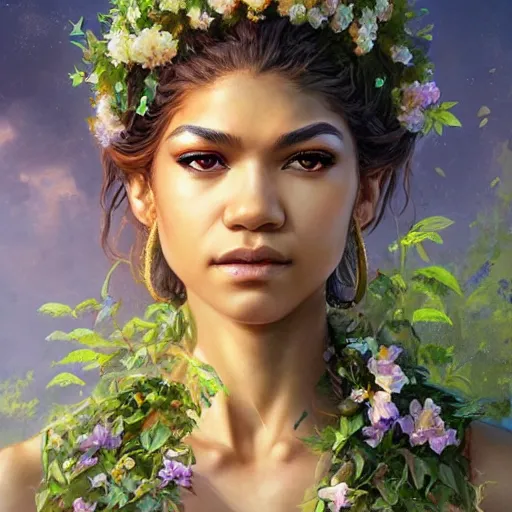 Prompt: a young zendaya as the goddess of nature, art by artgerm and greg rutkowski and sakimichan, trending on artstation