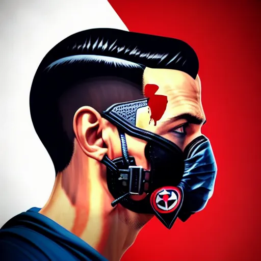 Image similar to a portrait of a man :: side profile blood :: background sea :: intricate details :: oxygen mask :: 3d render :: MARVEL comics and Sandra Chevrier