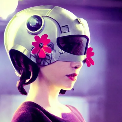 Image similar to movie still of a girl with a cyborg flowers helmet, cinematic composition, cinematic light, by edgar wright and david lynch