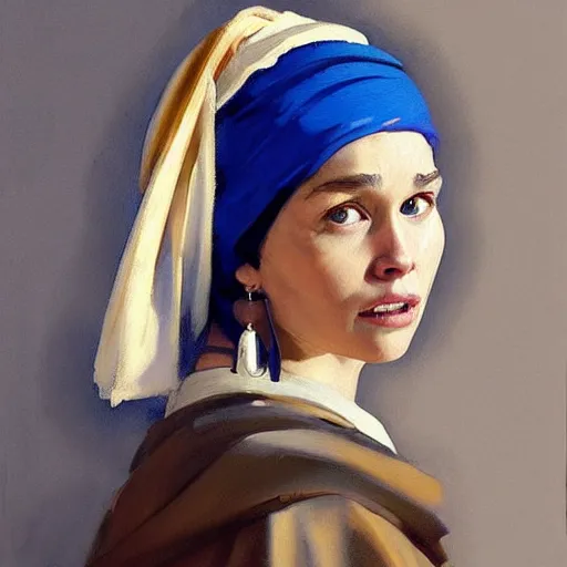 Image similar to greg manchess portrait painting of the boy with the pearl earring with the face of emilia clarke, medium shot, asymmetrical, profile picture, organic painting, sunny day, matte painting, bold shapes, hard edges, street art, trending on artstation, by huang guangjian and gil elvgren and gerald brom