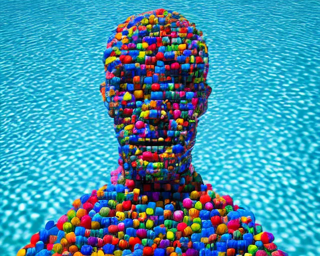 Image similar to a long shot of a giant award winning sculpture made out of tons of hundreds of pool toys in the shape of a human head, on the surface of the ocean, in the style of chad knight, hyper detailed, hyper realistic, ray tracing, 8 k resolution, sharp focus, realistic water