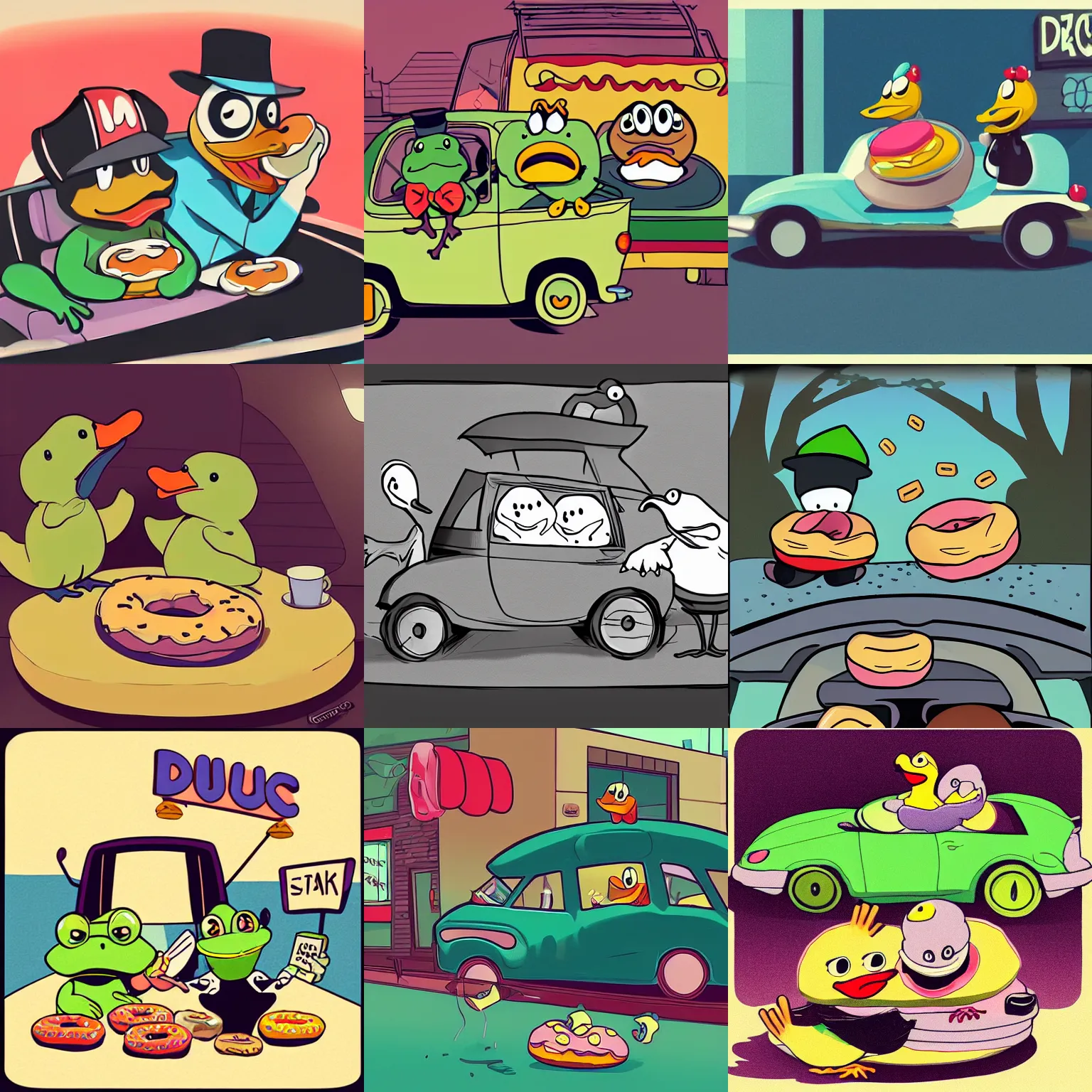 Prompt: a duck and a frog eating donuts in a car, cartoon, artstation, noir