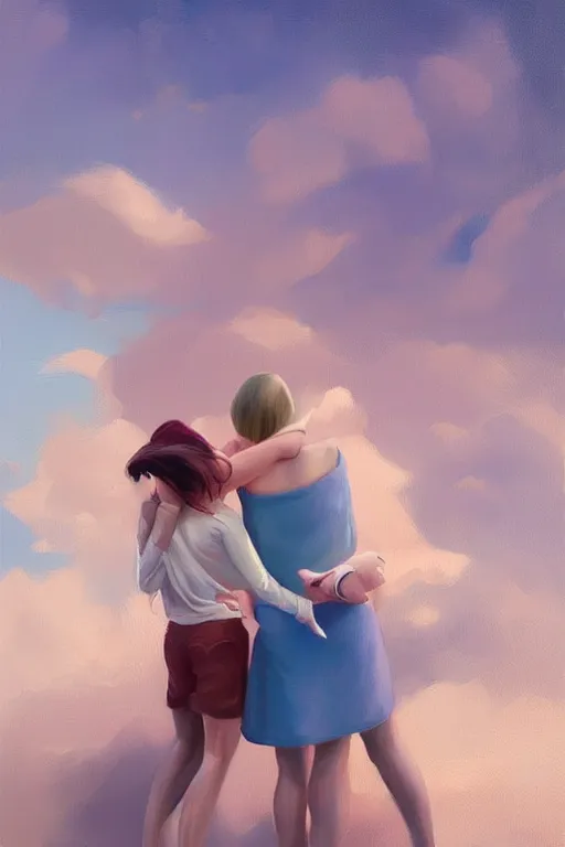 Prompt: a painting of a woman holding another woman, a digital painting by RHADS, trending on cgsociety, figurative art, digital painting, speedpainting, soft mist